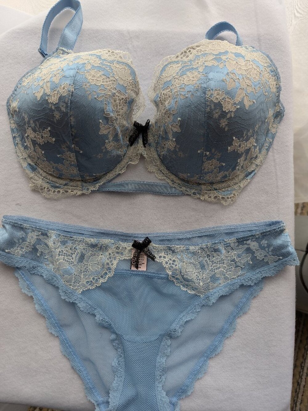 Victoria's Secret Dream Angels Dusty Blue Ivory Lace Demi Bra Set 34DDD M
